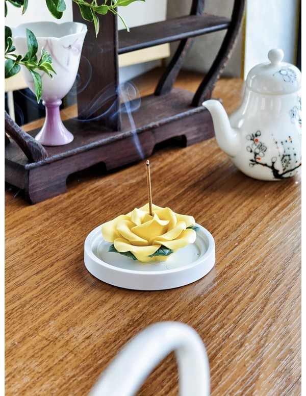 Yellow Rose Ceramic Incense Holder with Sandalwood Sticks