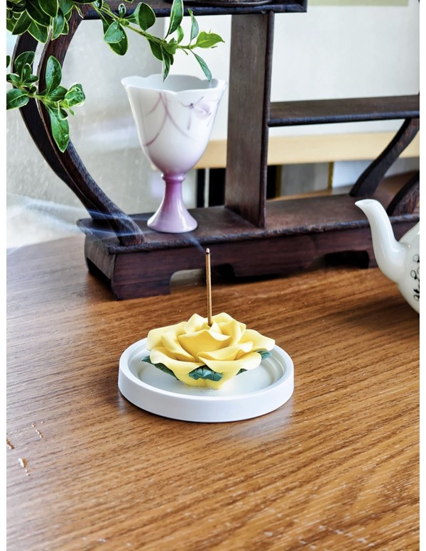 Yellow Rose Ceramic Incense Holder with Sandalwood Sticks