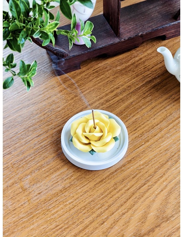 黄バラ陶器製線香ホルダー＆白檀線香セット