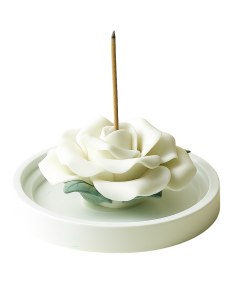Weiße Rosen-Keramik-Räucherstäbchenhalter mit Sandelholz
