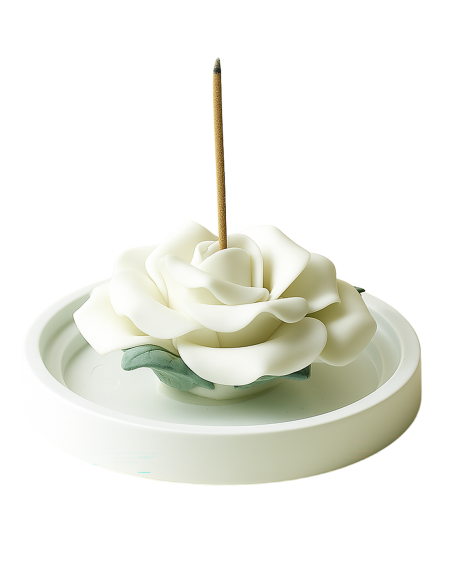 White Rose Ceramic Incense Holder with Sandalwood Sticks