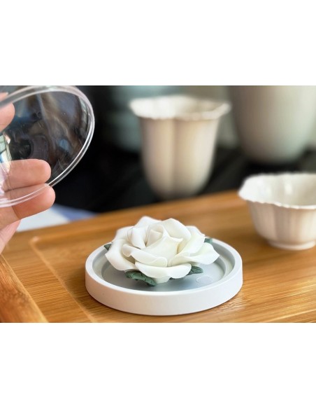 White Rose Ceramic Incense Holder with Sandalwood Sticks